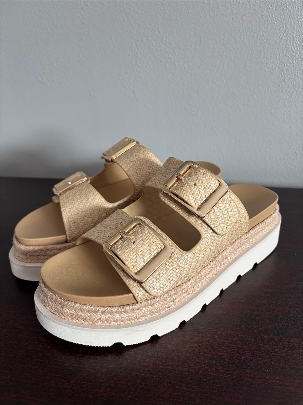Madden Girl Natural Beige Woven Double-Buckle Platform Mules - Picture 4 of 12
